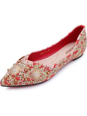 Women's Red Pointed Toe Casual Slip On Comfortable Wedding Dressy Flats Shoes